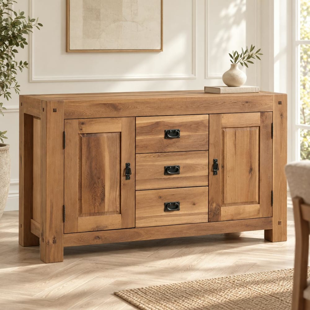 Pier import Buffet en chêne massif 2 portes 3 tiroirs 150cm Marron 150x88x50cm