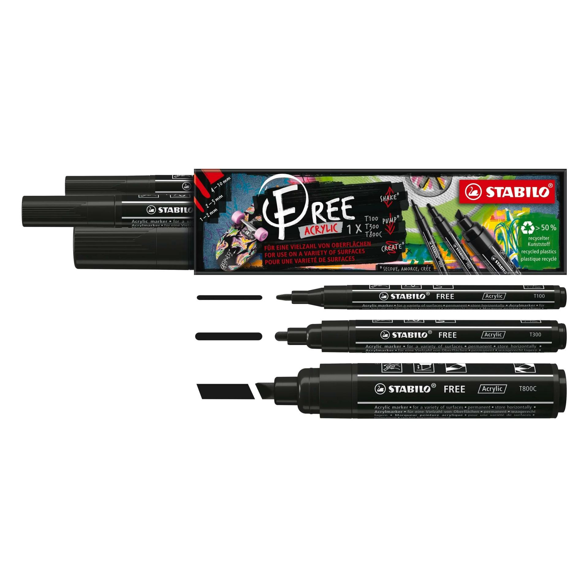 Stabilo Acrylmarker Free Acrylic Mix Schwarz, 3-Etui (3x) (106937463)