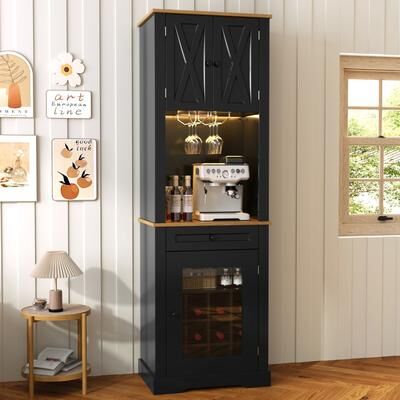 "GDFStudio Magnus 69"" Farmhouse Bar Cabinet with LED Light"