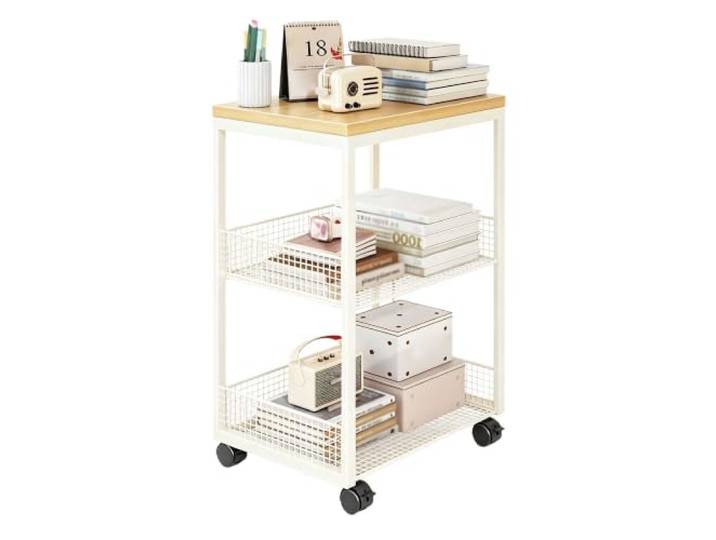 2/3 Ebene Regal mit Stauraum, Beistelltisch schmaler mit Metallrahmen und Holztischplatte Nachttisch für Wohnzimmer, Schlafzimmer, Büro, Küche, Eingangsbereich u(Size:3-Tier With Wheels,Color:Weiß)