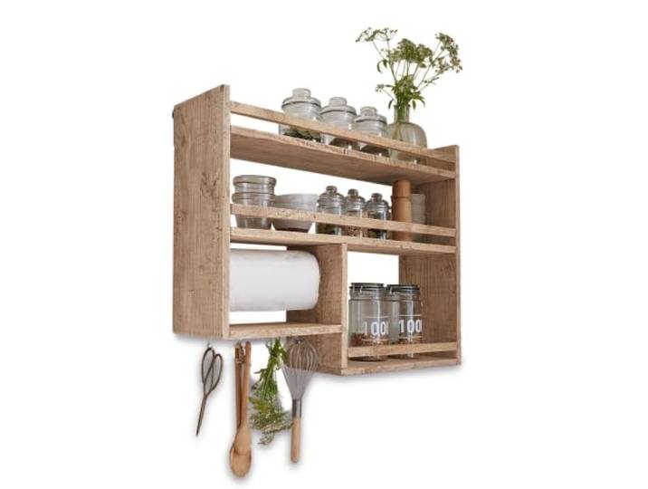Loberon Gewürzregal Loré, braun Küchenmöbel, Naturbelassenes Mangoholz, Verschieden hohe Fächer, Mit Küchenrollenhalter