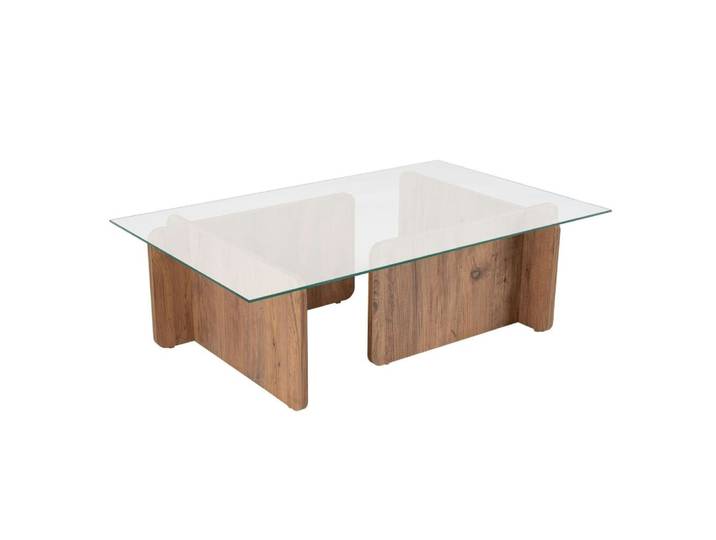 Table basse en verre rectangulaire pied décor bois