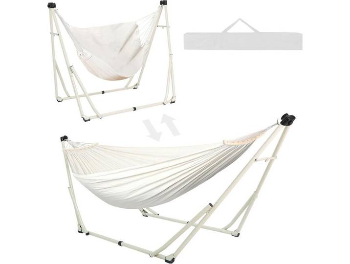 Hängematten- und Hängesessel-Set mit klappbarem Gestell Beige, Weiß, 130x2.5x180 cm, Gartenmöbel, Gartenschaukeln, Hängematten