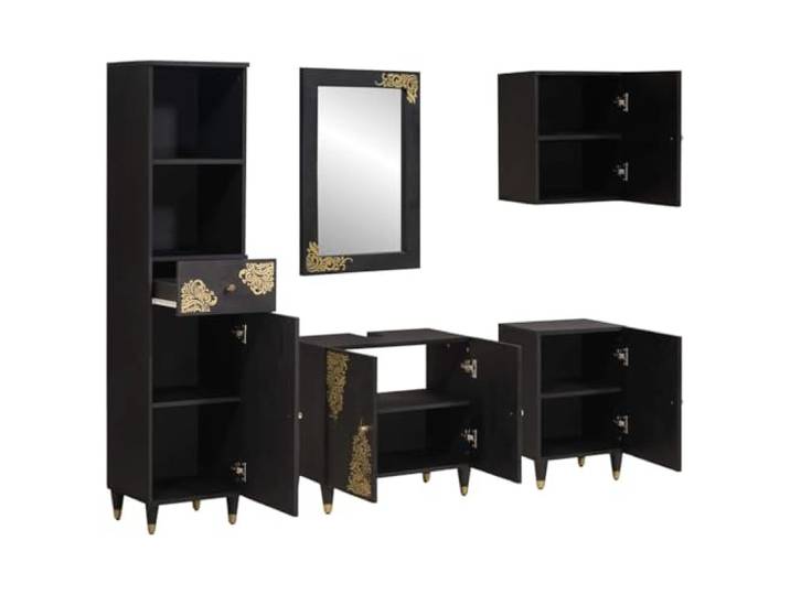 POUFGDR Badezimmermöbel-Set, 5-teilig, Schwarz, 62 x 33 x 58 cm Massives Mangoholz, goldene Akzente, Wanddesign, komplette Aufbewahrung, Spiegel und Schrank inklusive