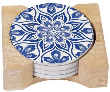 Counterart Round Absorbent Coasters - Set of 4 With Holder - Blue Mandala - 4.000x4.000x2.017
