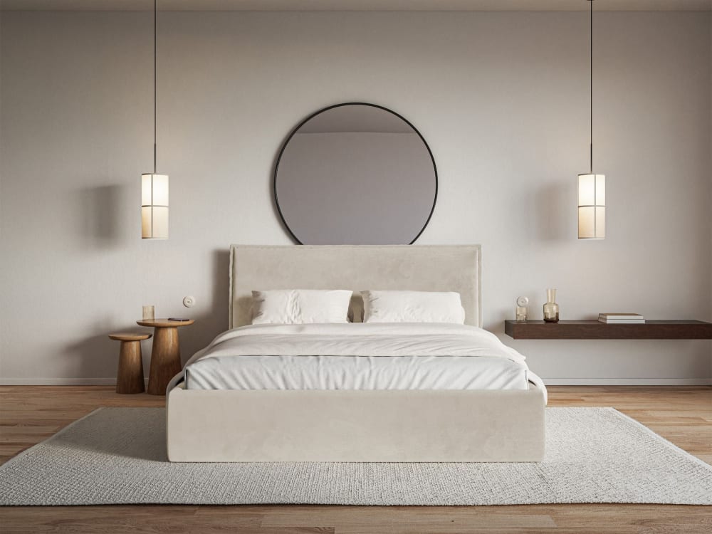 Selsey Lit tapissé 160×200 velours, beige Beige 217x97x171cm