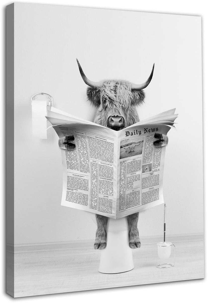 NTHProducts Highland Cow Wanddecoratie - Grappige Kunstprint - Zwart Wit - 12 x 16 inch - Schilderij voor Toilet of Badkamer