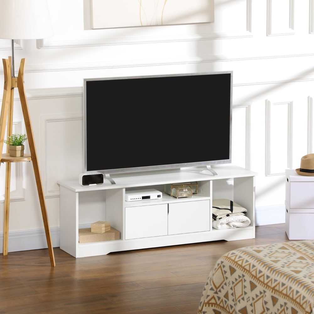 Homcom Meuble TV design 3 niches placard 2 portes panneaux blanc Blanc 120x41x30cm