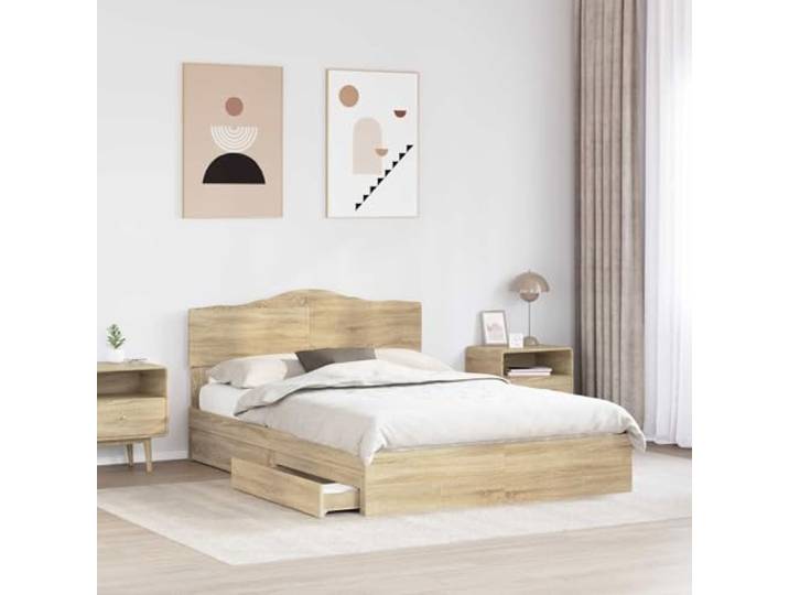 SKTQYQO Bett mit Stauraum, Sonoma-Eiche, 140 x 190 cm Technisches Holz, 2 Schubladen, einfache Montage, modernes Design