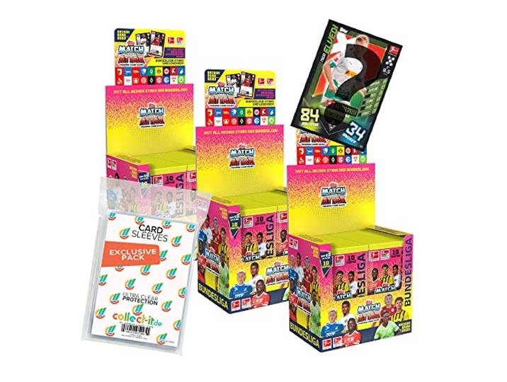 collect-it.de MY HOME OF CARDS + TOYS Exklusive Aufbewahrungshüllen im Bundle mit Topps Match Attax 2022/23-3 Display (108 Booster) + 1 seltene Nationalspieler Karte