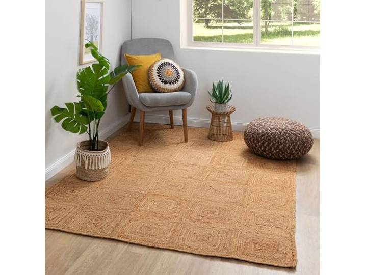 Steffensmeier Jute Teppich Goa Rechteckig Wohnzimmer, Flur, Eingangsbereich, Naturfaser, hangeflochten, Quadrate, Größe: 80x150 cm