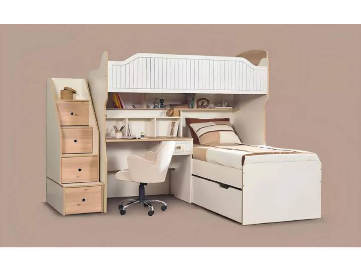 JVmoebel Hochbett Hochbett mit integriertem Schreibtisch in Weiß für Jugendliche (1-St) Made in Europa