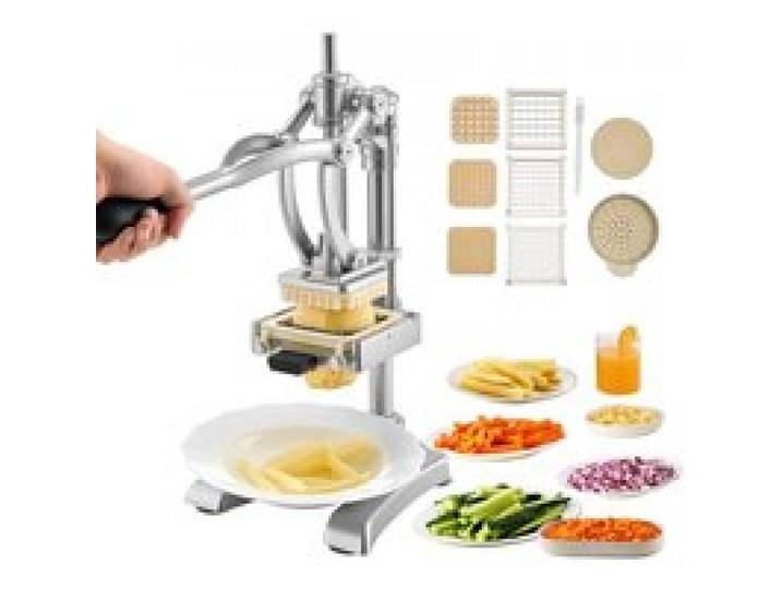 VEVOR kommerzieller Pommes-Frites-Schneider, Gemüseschneider Obstschneider Edelstahl mit 3 Ersatzklingen (12,7/9,525/6,35 mm) und einer Entsafterklinge, manueller Kartoffelschneider Pommesschneider