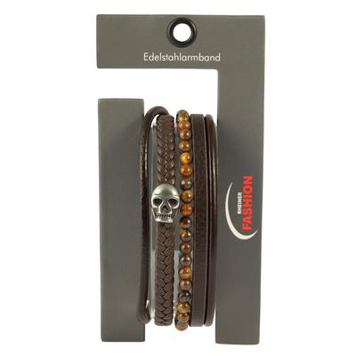 Kettenanhänger ADELIA´S "Anhänger – Totenkopf Gravuranhänger aus Leder mit Tigerauge", braun, Schmuckanhänger, Herren, Leder, Kettenanhänger, Ein Geschenk, das Freude macht