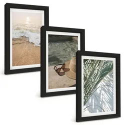 BILDER SET 3er Set - 20x30 cm Schwarzer Rahmen - Strandhut und Sonnenbrille