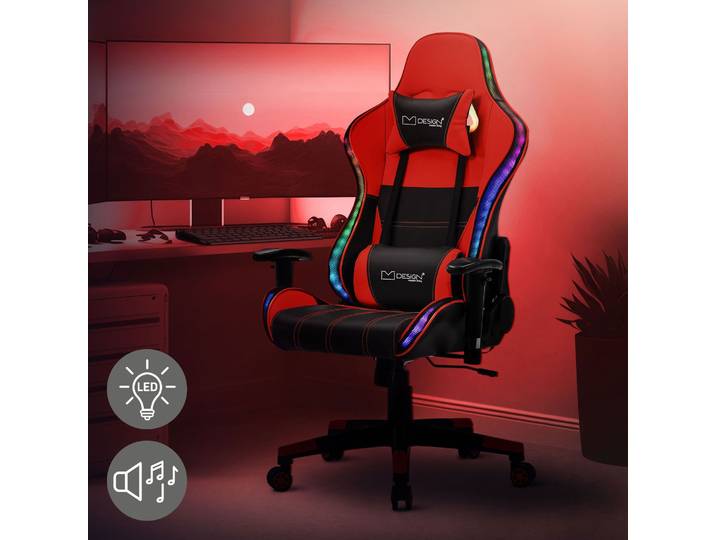ML-Design Gaming Stuhl mit RGB LED-Beleuchtung & Bluetooth-Lautsprechern, Schwarz/Rot, Ergonomischer Bürostuhl, Rückenlehne, Kopfstütze, Lendenkissen