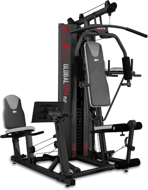 Máquina de musculación Global Gym Plus BH Fitness: combina uma imprensa de pernas sentado e flexor abdominal com dip