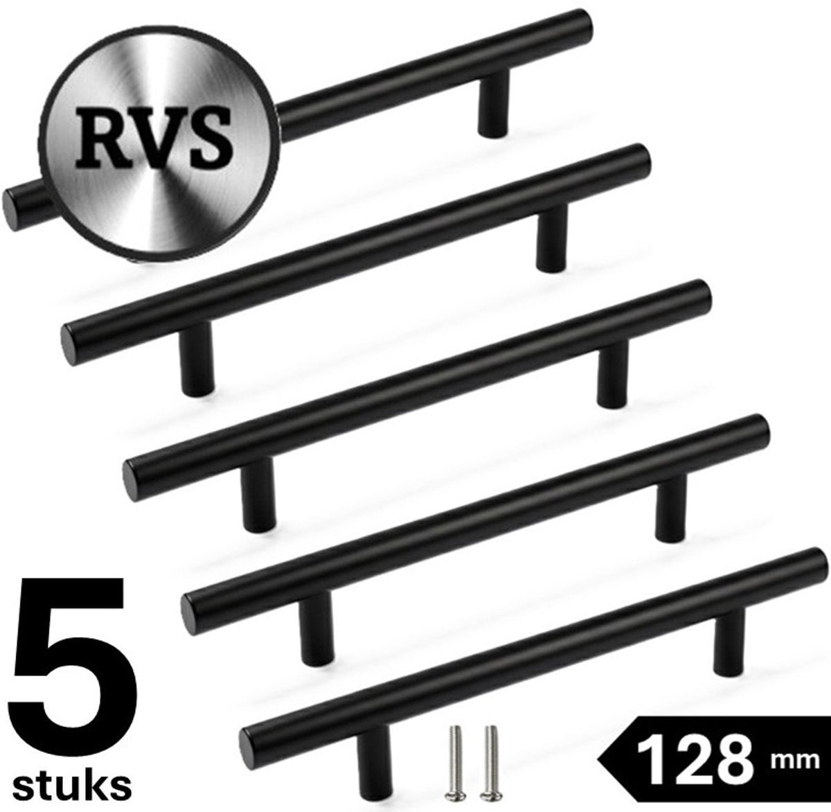 MSQDESIGN Handgrepen RVS zwart T-vorm, Lengte: 200 mm, Hartafstand: 128 mm, Set van 5 stuks