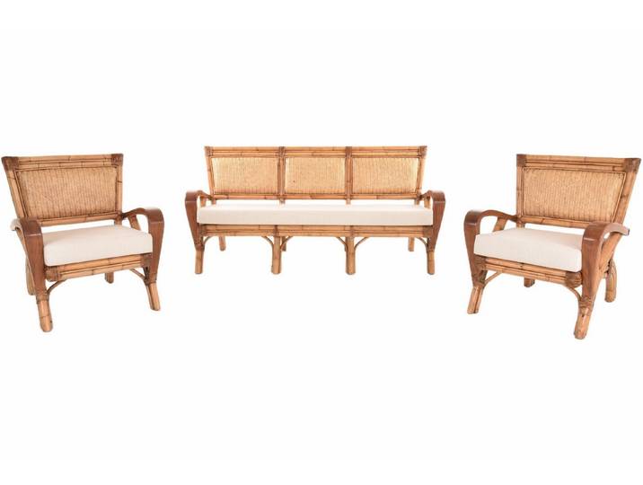 Krines Home Sitzgruppe Rattan Sitzgruppe Singapur 3-teilig für Wintergarten & Wohnzimmer, (3-tlg., 2x Sessel, 1x Dreisitzersofa), aus Rattan Naturmaterial, mit Armlehnen