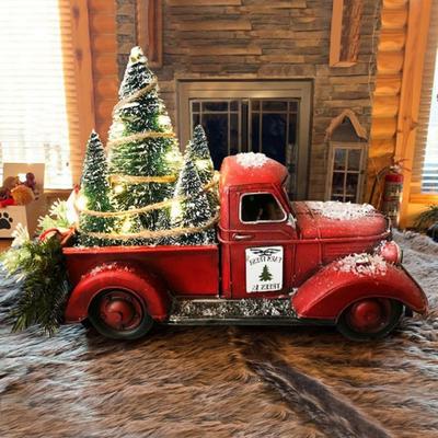 Rare Purchases Metal Car With Mini Green Tree, Christmas Retro Red Truck Ornaments, Box Xmas Table Decoration a