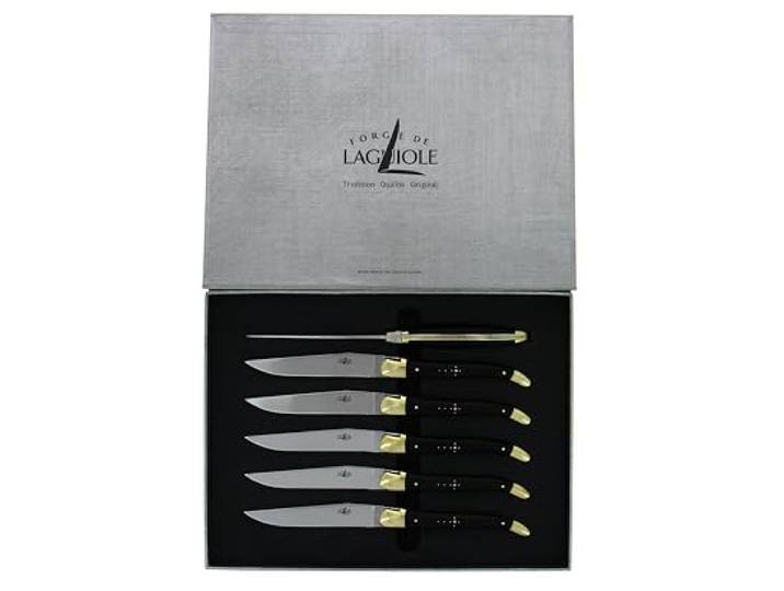 Forge De Laguiole – 6 Tafelmesser mit Ebenholzgriff, Messing-Doppelmitre, hochglanzpolierte Inox-Klinge – Premium Besteckset