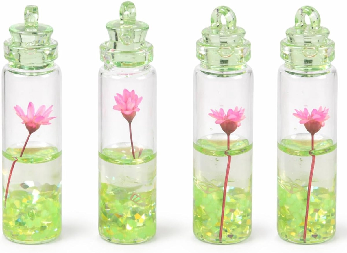 Set van 4 Lichtgevende Zandflessen met Groene Bloemen Decoratie en Miniatuur Landschappen