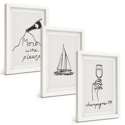 BILDER SET 3er Set - 20x30 cm Weißer Rahmen - Weinsegelboot-Glas-Linienzeichnung