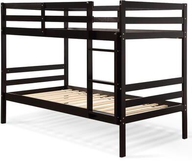 Costway Twin Bunk Bed Children Wooden Bunk Beds Solid Hardwood-Brown