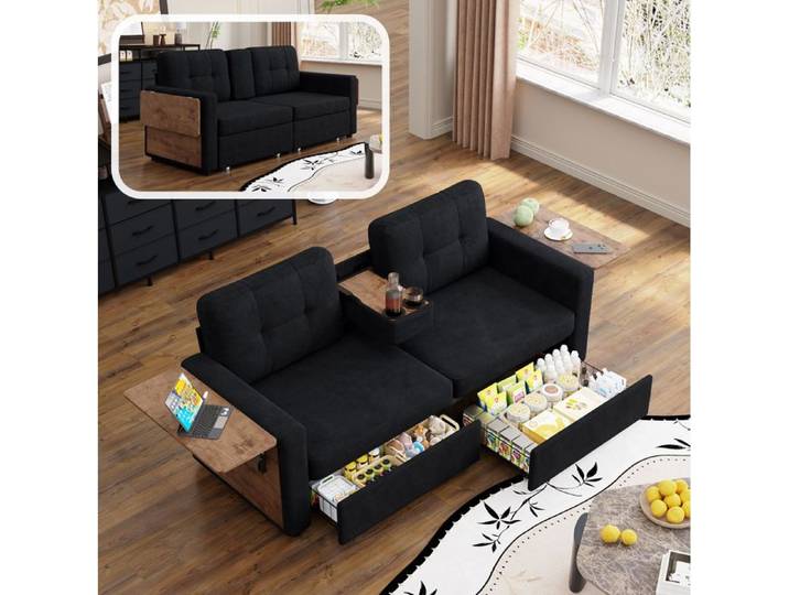 Modenuit Canapé convertible 2 places en chenille noir 2 tiroirs tablettes réglables et porte-gobelets