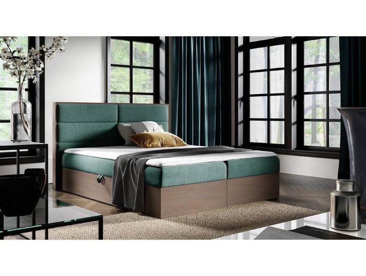 Fun Möbel Boxbett Schlafzimmerbett LAMBROS in Stoff u. Dunkle-Eiche-Optik (Gepolstertes Kopfteil, inkl. Kaltschaumtopper), Dunkle-Eiche-Optik