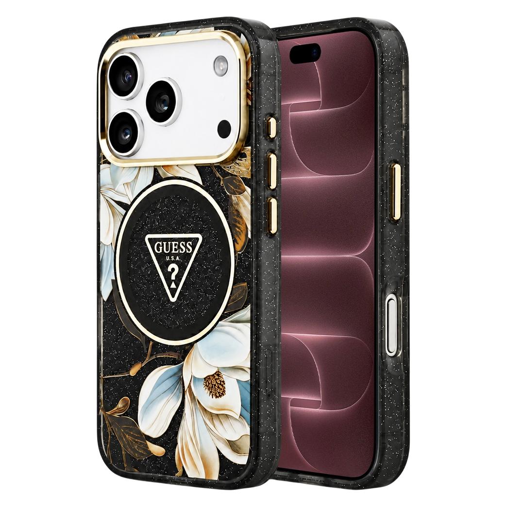 Guess - IML Metallglitzer-Blumen, dreieckig, MagSafe (GUHMP18XHFLPEDK) - iPhone 18 Pro Max - Schwarz (Apple iPhone 17 Pro Max, Apple iPhone 18 Pro Max) (GUE005710)