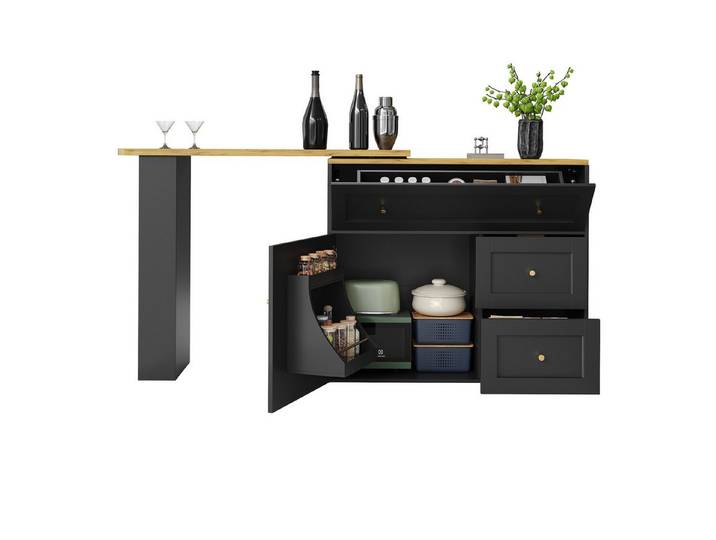OKWISH Bartisch Ausziehbarer Küchenschrank,Sideboard (Ausziehbarer Bartisch mit Stauraum – Drehplatte, platzsparendes Klappdesign und Snackregal)
