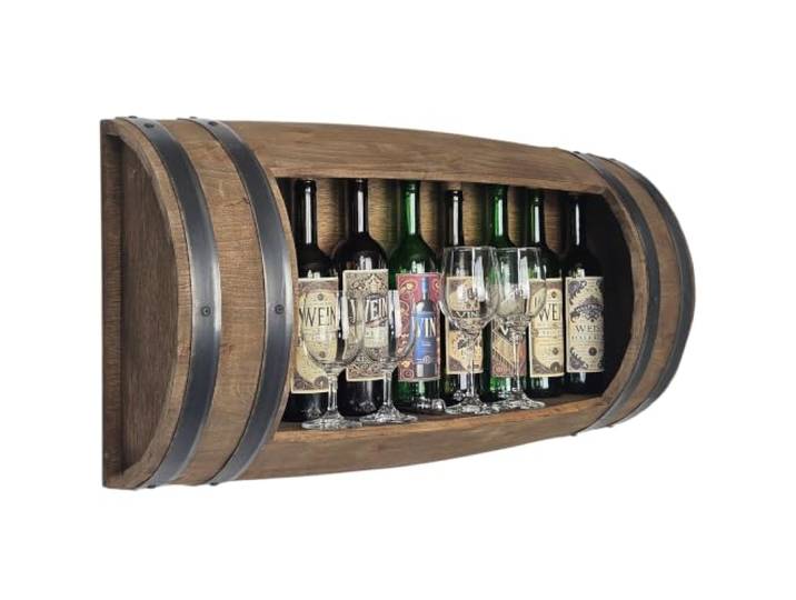kadamahu Fassbar zum Aufhängen, Holz-Barschrank für die Wand, Wenge Dunkles horizontales Halbfass für 18 Weinflaschen; anhebbare Ablage verbirgt ein Fach, 2 Aufhänger sind vormontiert