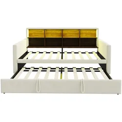 STILVORA Polsterbett Samt Beige 90x190 cm, ausziehbar, Kopfteil mit Stauraum & LED