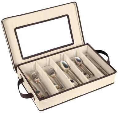 Hold N Storage Flatware Storage Case with 5 Compartments, Removable Lid and Carry Handles, Silverware Organizer Box for Cutlery Storage