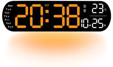 Inspired Deals Remote Control Digital Wall Clock With LED Display & Ambient Light Orange