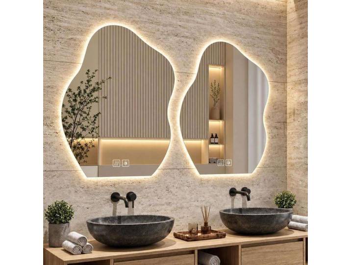 Miroir de salle de bain Asymetrique Forme Petale sans Cadre 40x60CM Lumiere Tricolore Anti-Buée Miroir de Maquillage