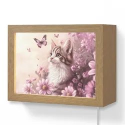 WANDLEUCHTE Kätzchen - Blumen - Schmetterlinge - Lila Wandlampe 20x15 cm Wandlampe