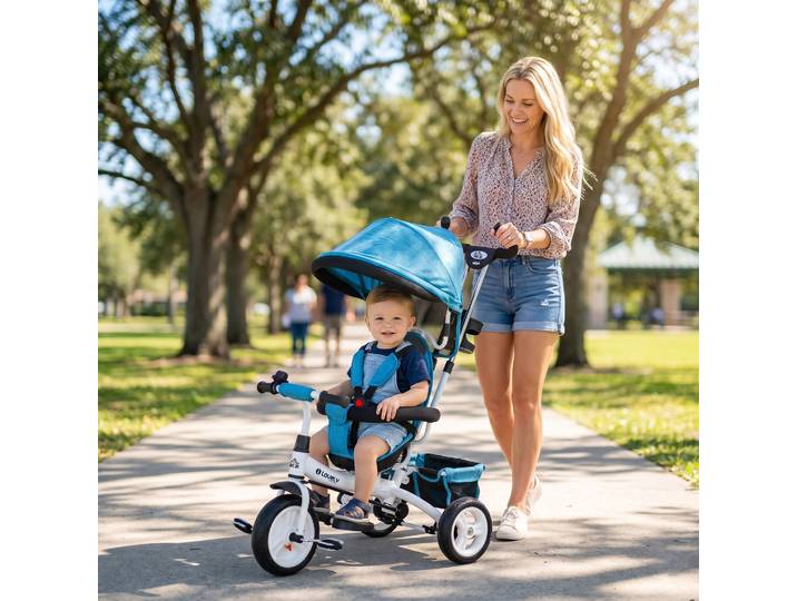 HOMCOM Tricycle Enfant 6 en 1 Bleu avec Rangement et Frein