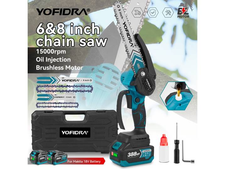 YOFIDRA 8 & 6 pouces scie d'élagage électrique sans brosse Rechargeable bois jardin coupe bûche tronçonneuse outil pour Makita 18V batterie broche