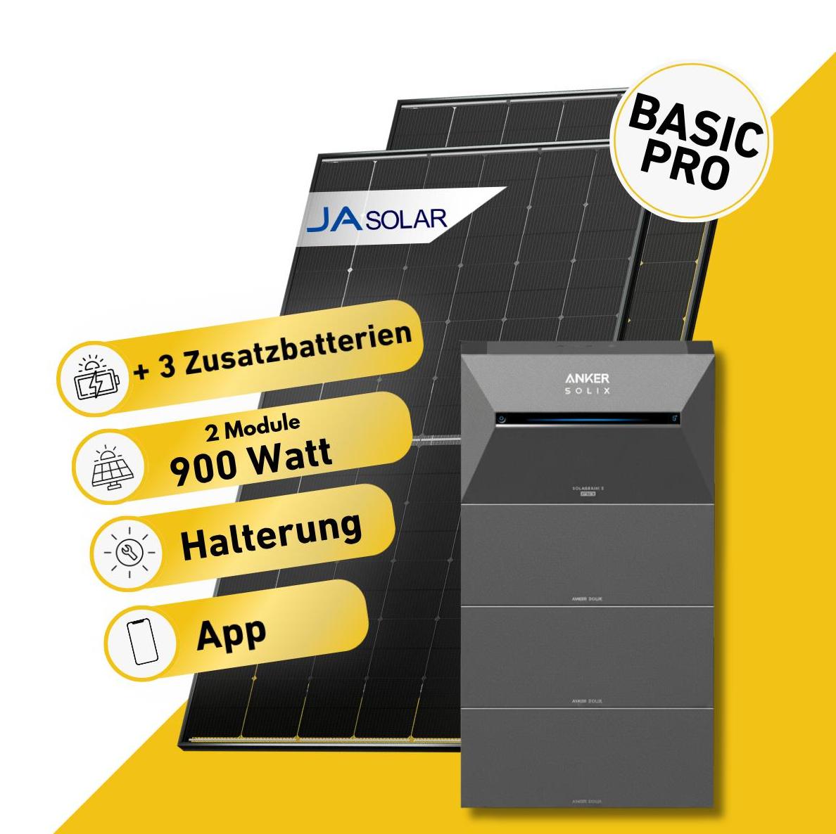 Balkonstrom Balkonkraftwerk 910W mit Speicher | 3xZusatzspeicher | 2xSolarmodul Bifazial | Anker Solix 3 Pro