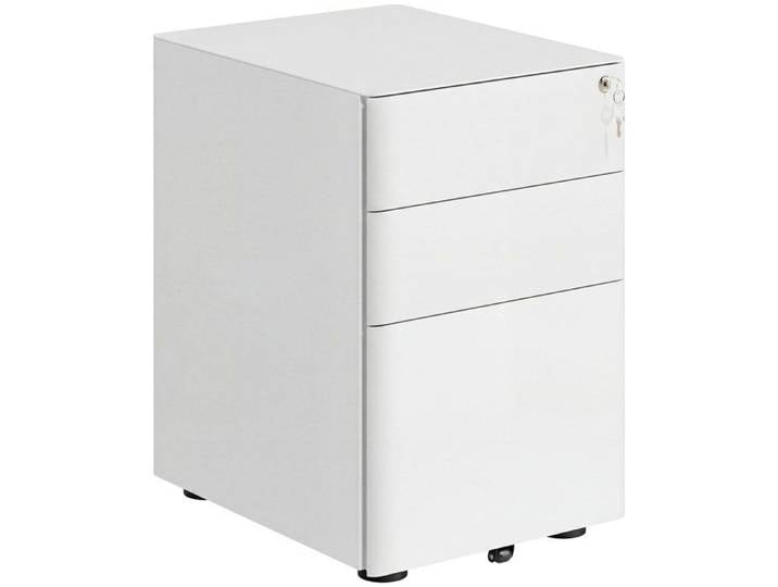 FSX Commode de bureau 3 tiroirs en acier avec serrure et roulettes 39x48x59 cm blanc