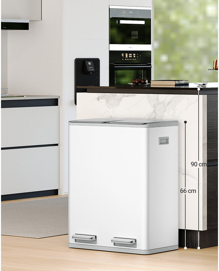 Hzuaneri Kitchen Bin, Recycling Bins, Pedal Bin with Lid, Stainless Steel Kitchen Bins Recycling and Waste, Silent Slow-Down Closing Lid, With 15 Exclusive Tra White/Grey 60L