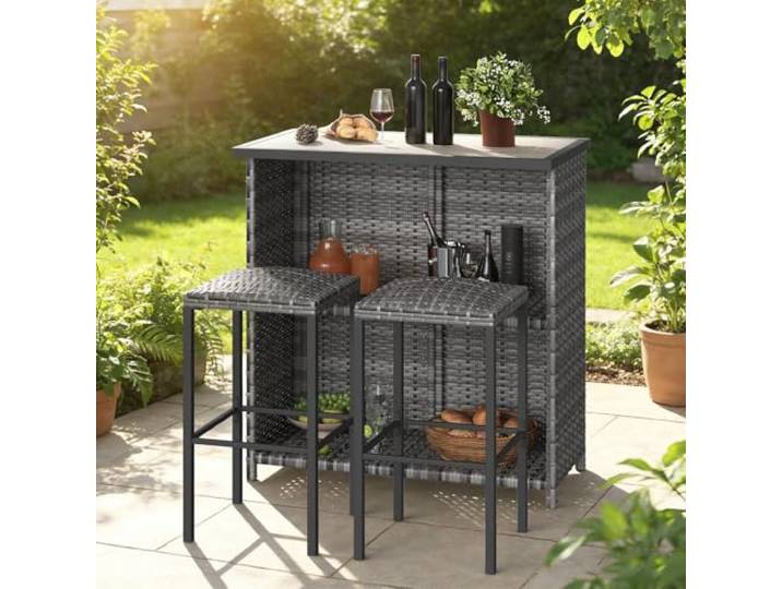 Polyrattan Garten-Barset, Tartisch Mit DPC-Tischplatte, 2 Barhocker Wetterfestes Barsets mit Ablagefächer Platzsparend Barsets für die Terrasse, Balkon