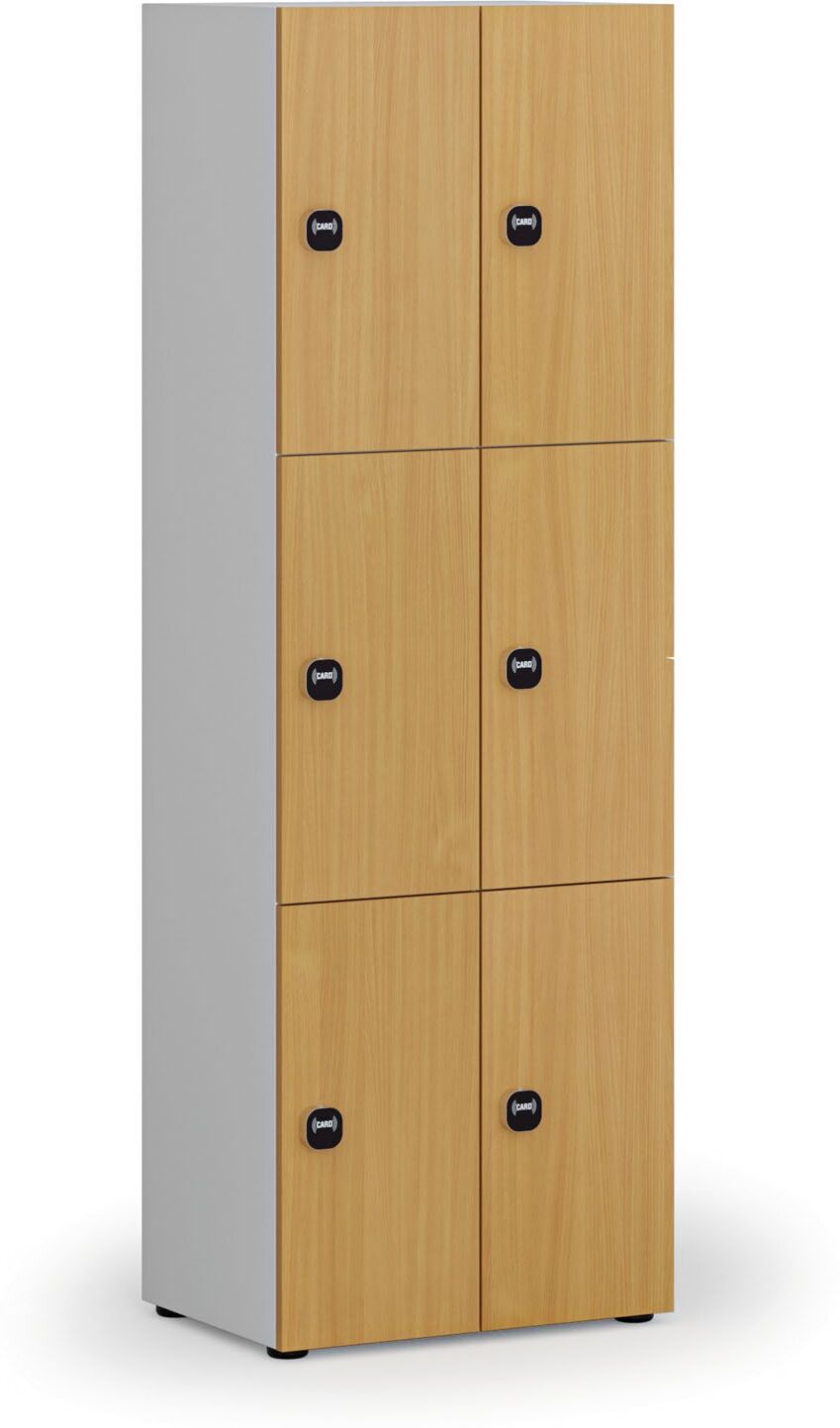 B2B Partner Holzspind S4 mit Ablagefächern, 6 Fächer, zerlegt, RFID-Schloss, grau/Buche