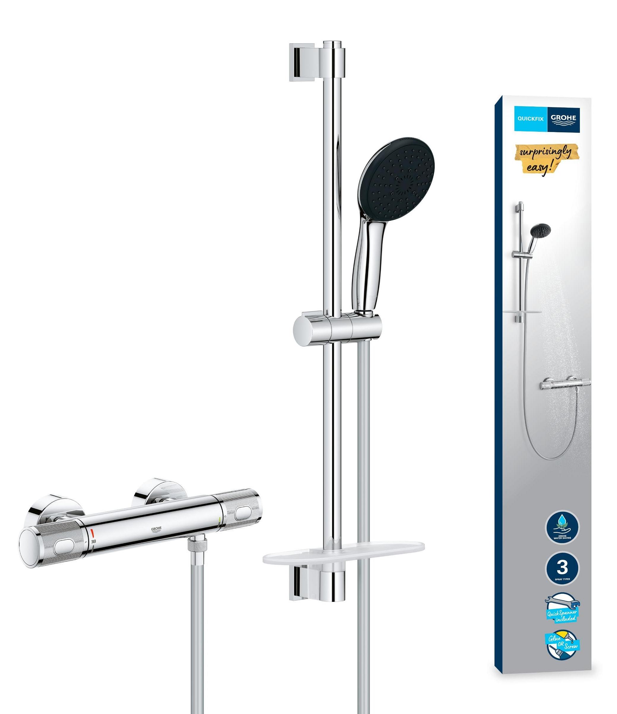 Doucheset mit Thermostat, wassersparend, 3 Strahlarten, 60 cm, chrom