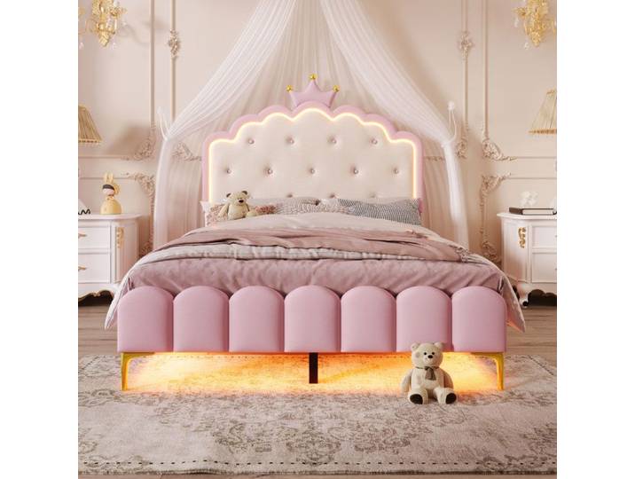 Lit princesse capitonné 140x200 avec sommier à lattes et LED rose – sans matelas