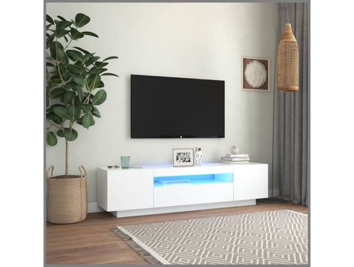 Meuble TV - VGEBY - 160x35x40 cm - Blanc - LED RVB - Style Contemporain
