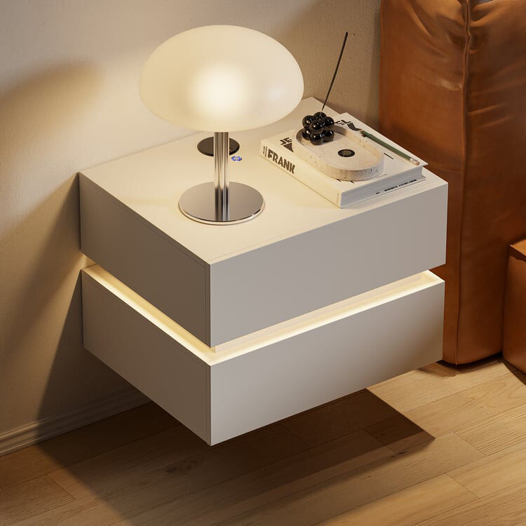 Metro Smart Floating White Bedside Table With Led Lights & Wireless Charging, Wall-mounted 2-drawer White 35cm H X 50cm W X 40cm D
