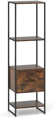 Costway 5-Tier Narrow Bookcase with 4 Open Shelves and Storage Drawer-Rustic Brown